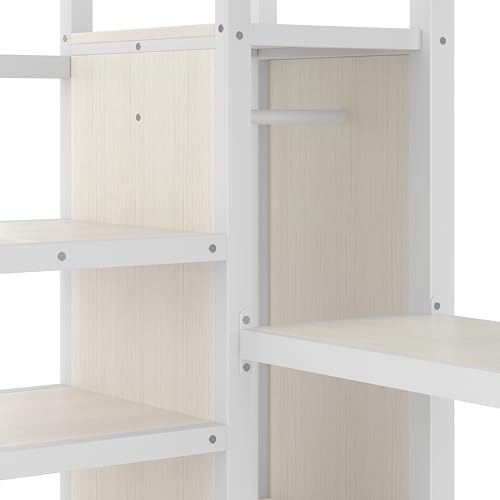 Queen Metal Loft Bed with Desk, Wardrobe, USB Ports, LED Lights, Shelves, White L86483