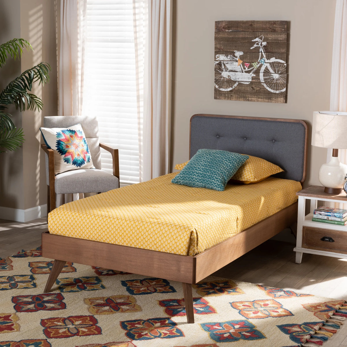 Twin Dark Grey Walnut Brown Upholstered Tufted Platform Bed D382709