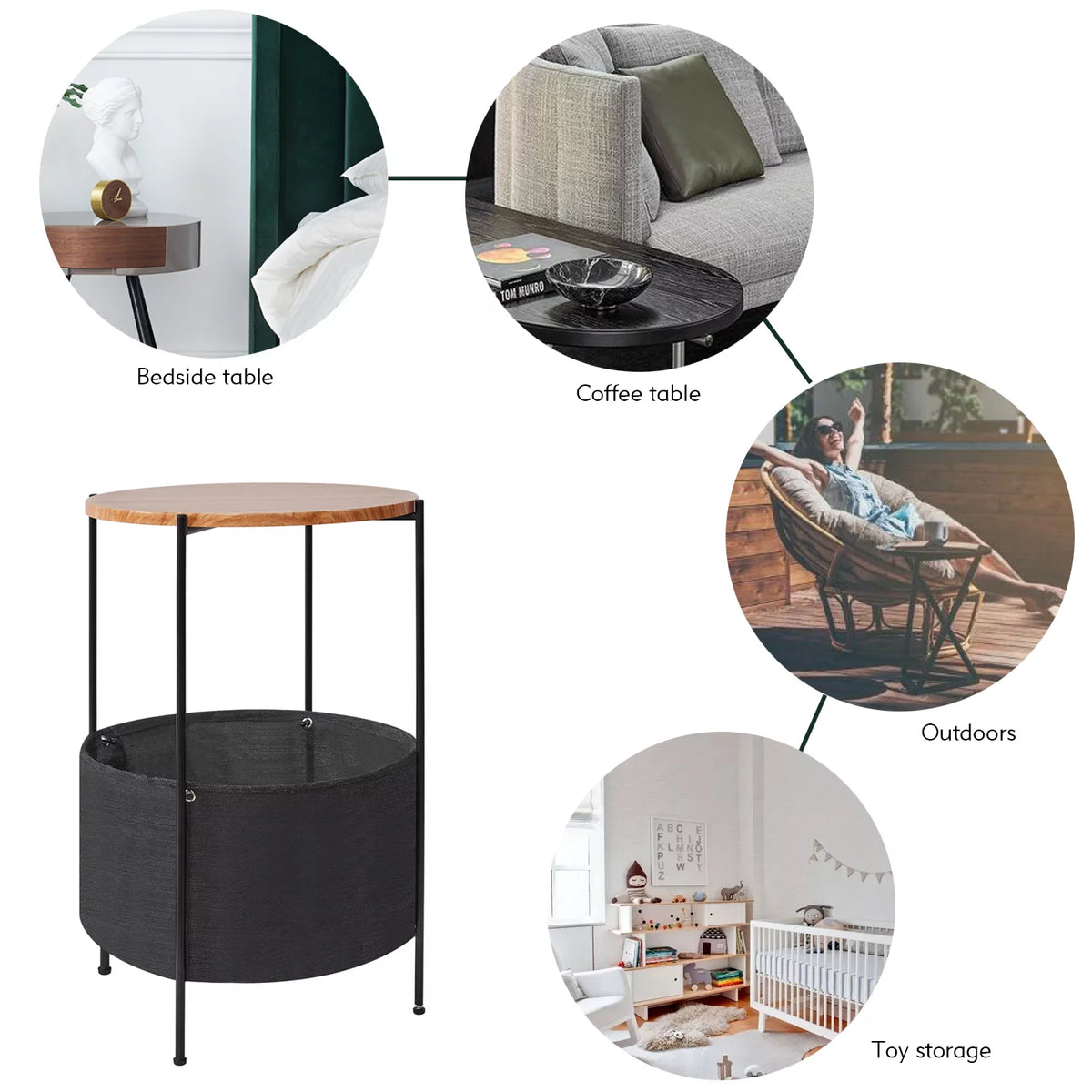 Round Wood Bedside Table with Storage Basket O6493