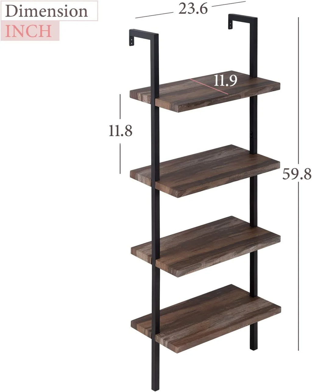 4 Shelf Wall Mount Bookshelf with Metal Frame L5669