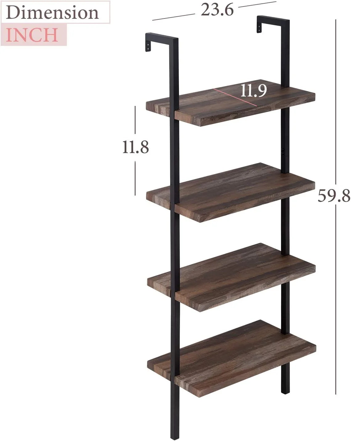 4 Shelf Wall Mount Bookshelf with Metal Frame L5669