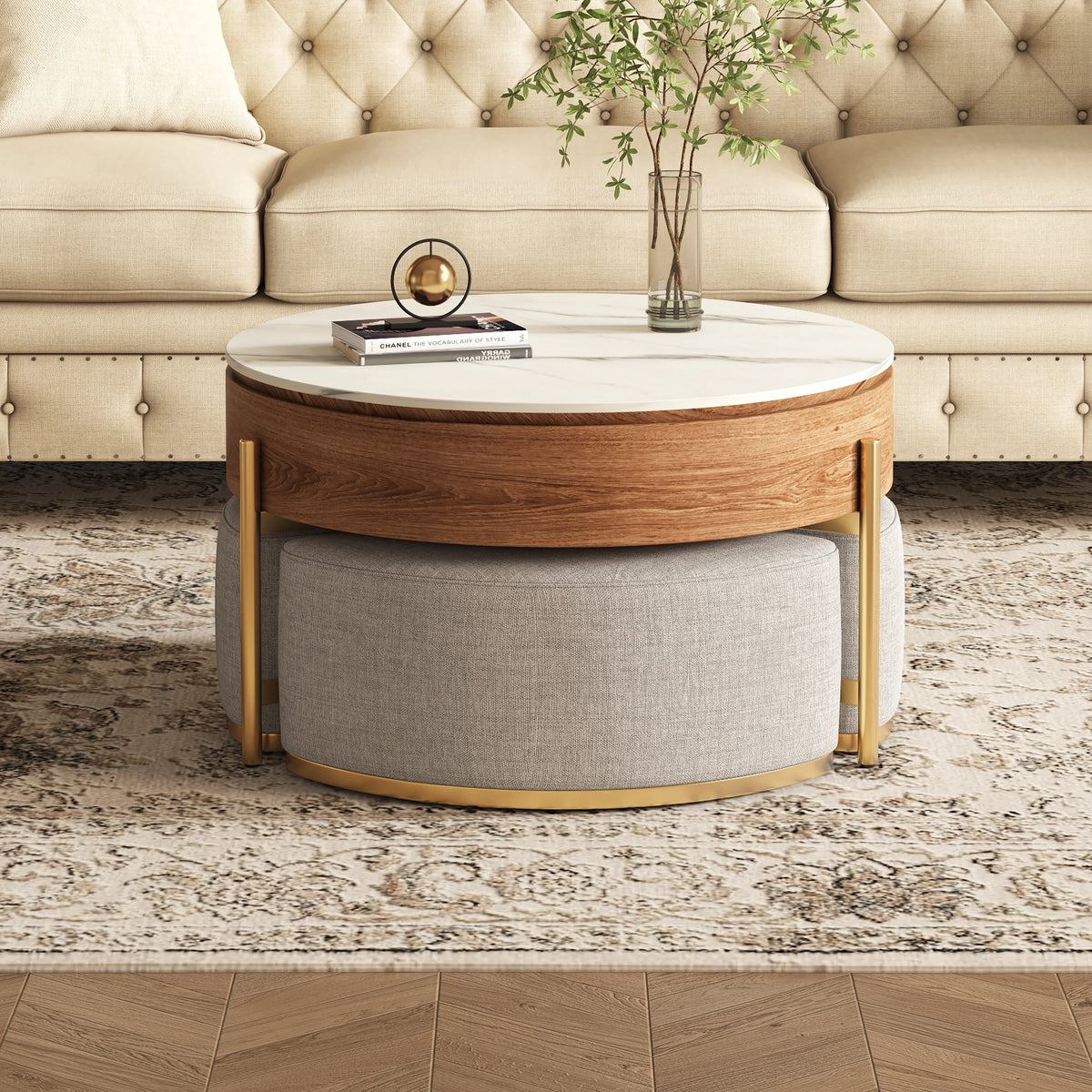 Lift Top Nesting Coffee Table with Storage and 3 Stools G33639
