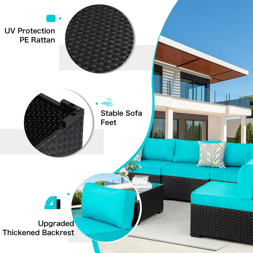 7 Pieces Black Wicker Outdoor Sectional Sofa Set with Tea Table Z22298