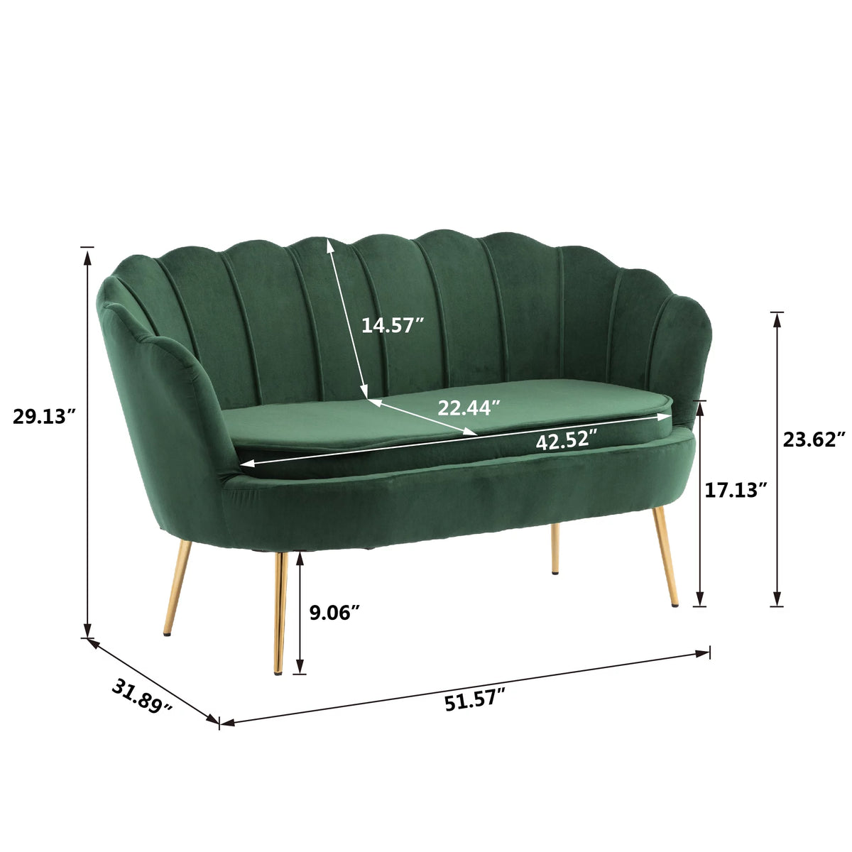 Green Velvet Upholstered 2 Seats Loveseat with Metal Legs X522