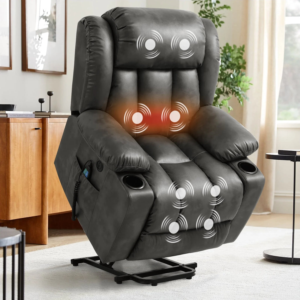 Large Power Lift Recliner Chair with Heat and Massage Leather Grey A4699