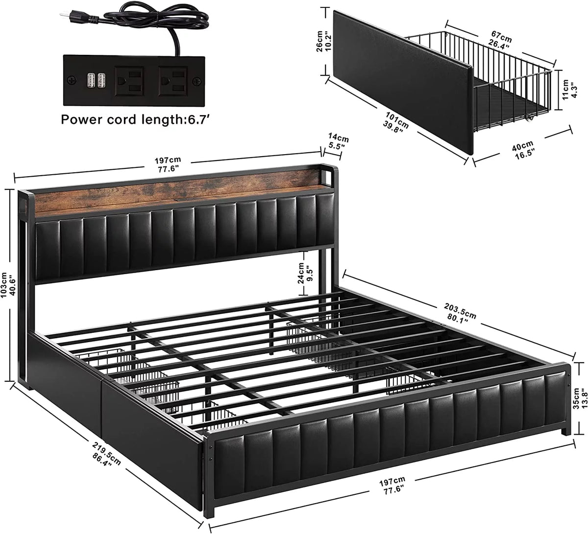 King Bed Frame with Storage Drawers and Upholstered Platform Bed Q265
