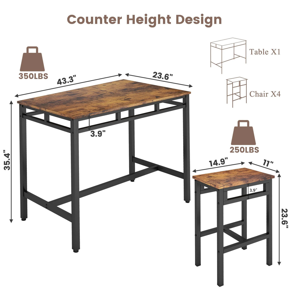 5-Piece Counter Height Pub Dining Set with Foot Support E561