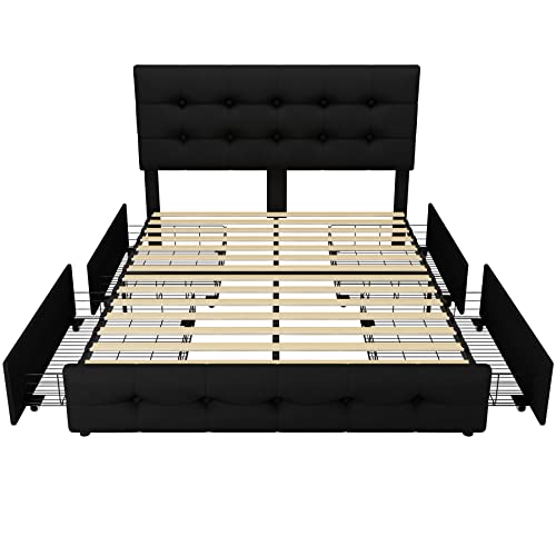 Black Queen Upholstered Platform Bed Frame with 4 Storage Drawers Z80694