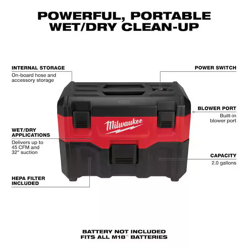 18-Volt 2 Gal. Cordless Wet/Dry Vacuum with Brush and Nozzle Kit N8911
