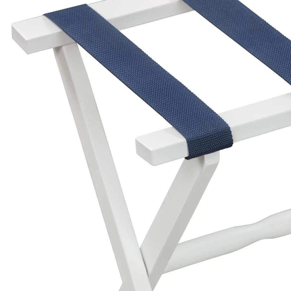 White Wood Luggage Rack with 4 Navy Nylon Straps X840