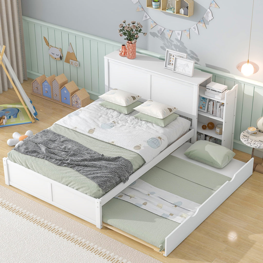 White Full Size Storage Platform Bed with Trundle V2799