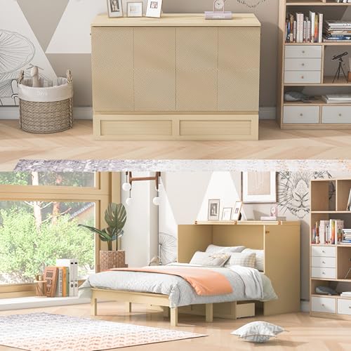 White Full Size Murphy Bed with USB Ports and Drawer Y713