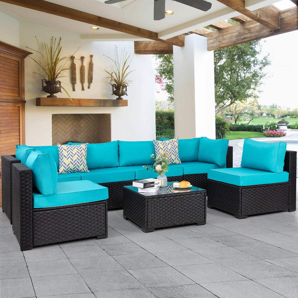 7 Pieces Black Wicker Outdoor Sectional Sofa Set with Tea Table Z22298