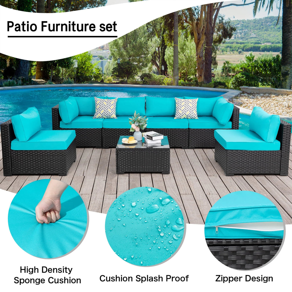 7 Pieces Black Wicker Outdoor Sectional Sofa Set with Tea Table Z22298