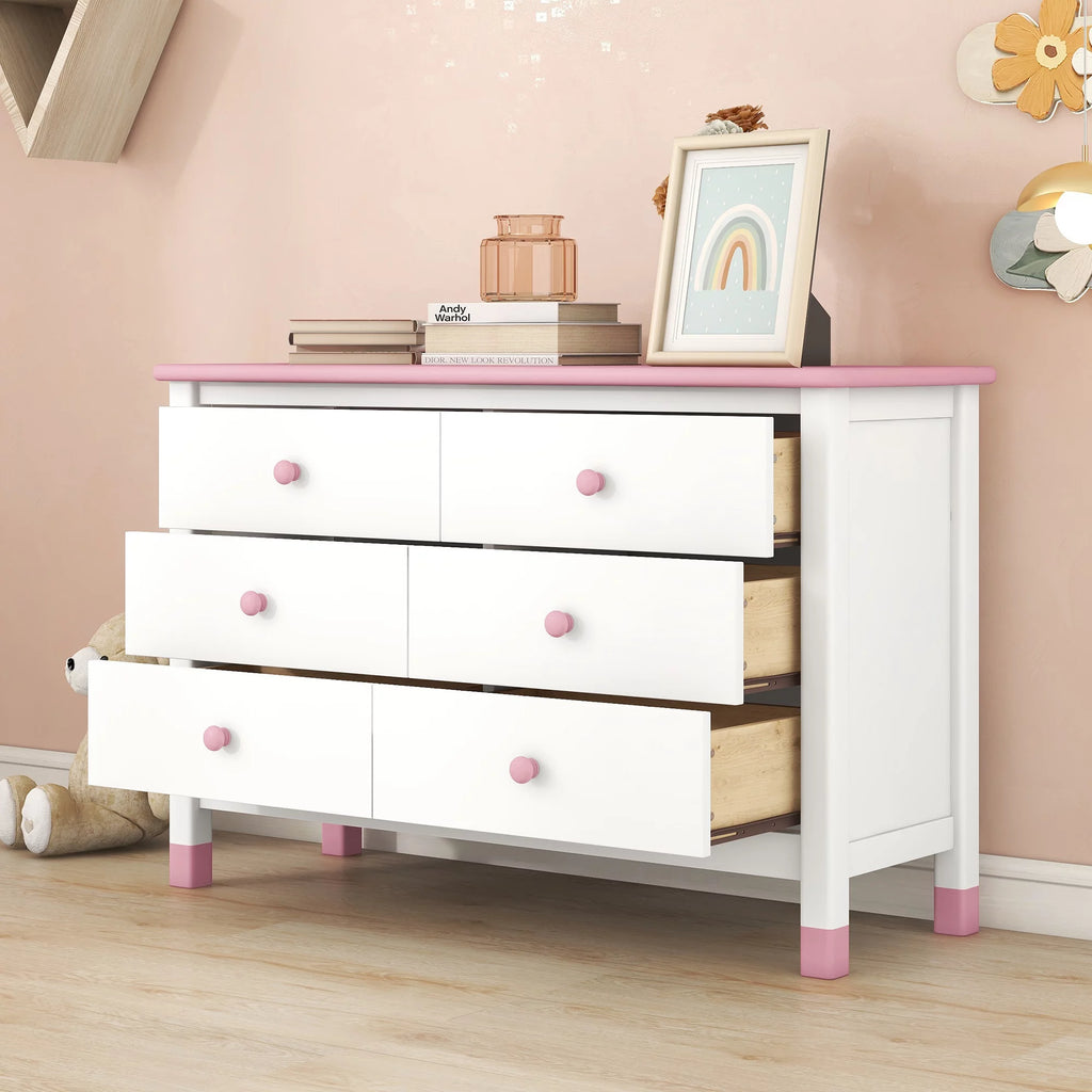 White Pink 6 Drawer Wooden Storage Dresser N529