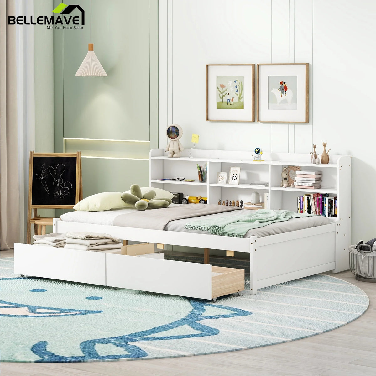 Full Size Platform Bed with Bookcases and Drawers Gray U13631