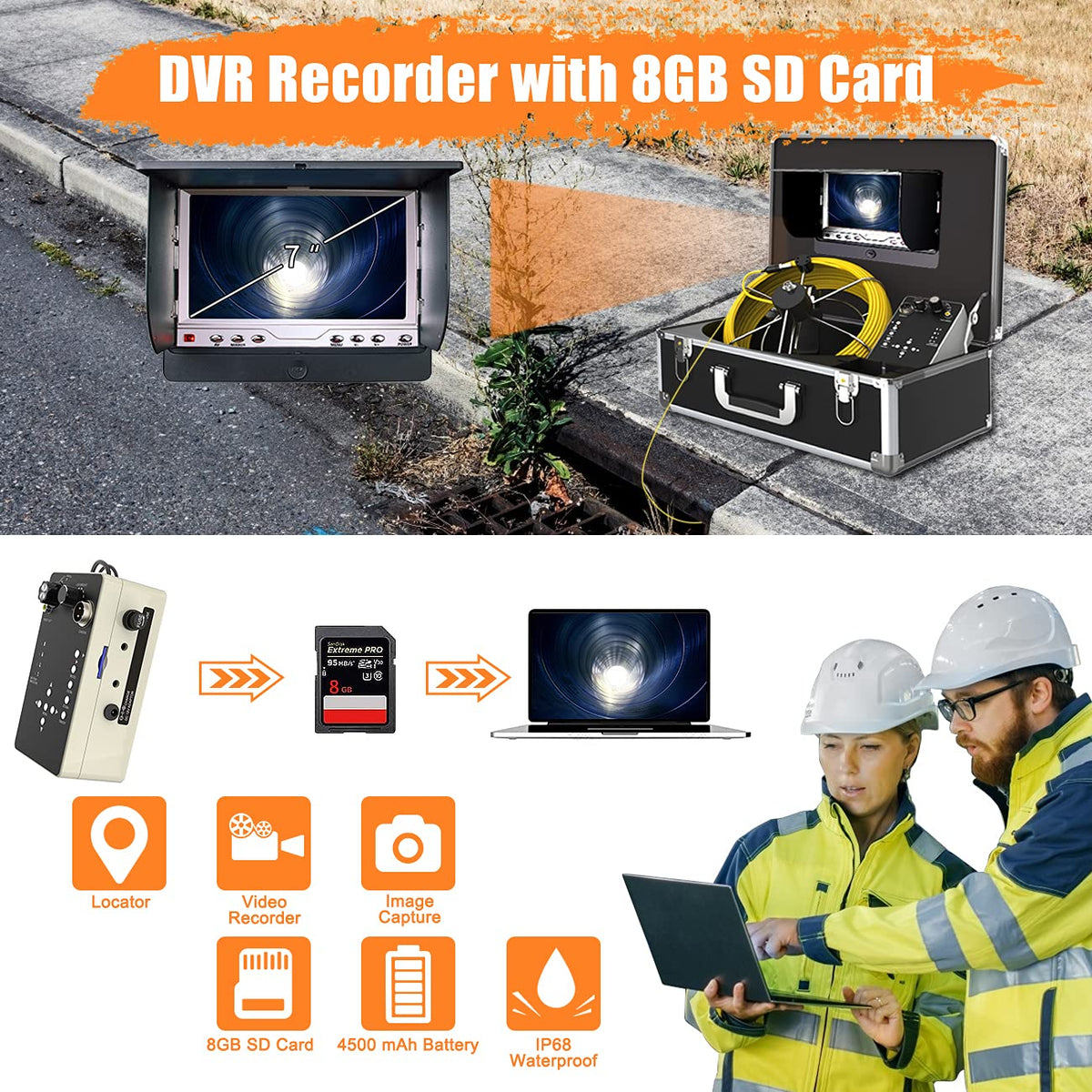 100ft IP68 Waterproof Sewer Inspection Camera with 512Hz Sonde and 7 LCD Monitor K670