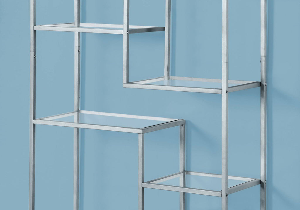 72x22H Silver Metal Bookcase with Tempered Glass Q9656