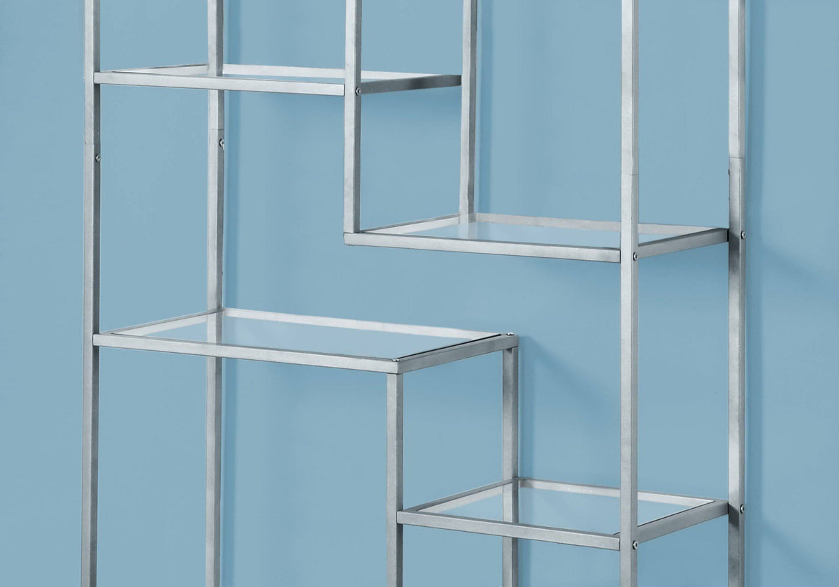 72x22H Silver Metal Bookcase with Tempered Glass Q9656
