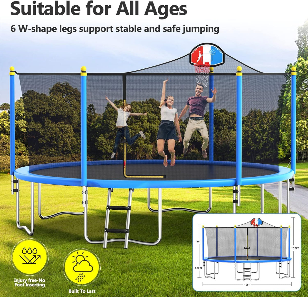 15FT Trampoline with Enclosure Net, Basketball Hoop and Ladder U1588