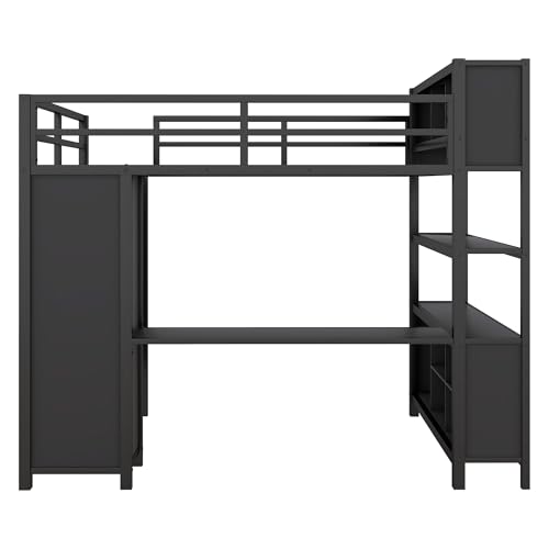 Full Size White Metal Loft Bed with L Shaped Desk and Wardrobe B699