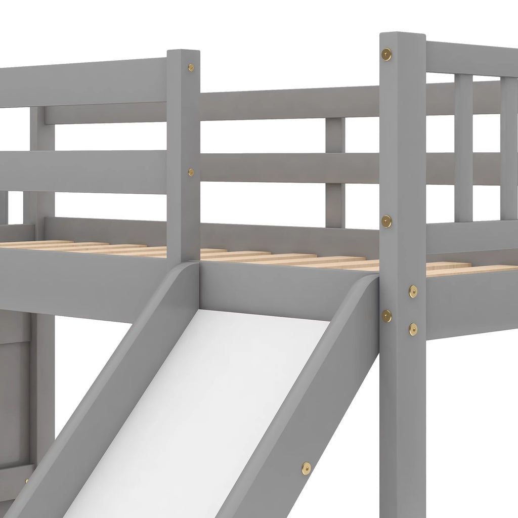 Gray Twin Over Twin Wooden Bunk Bed with Slide and Stairs H8807