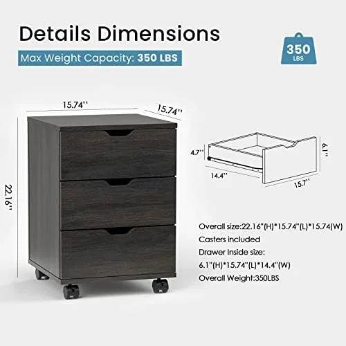 3 Drawer Black Wood Mobile File Cabinet R12018