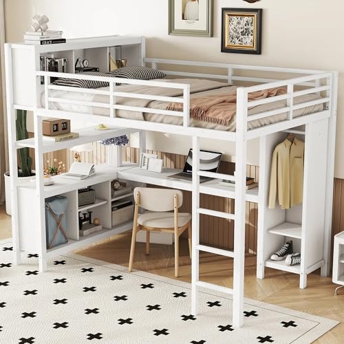 Full Size White Metal Loft Bed with L Shaped Desk and Wardrobe B699