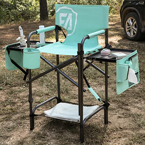 Tall Folding Chair with Side Table Cup Holder Storage Pocket Blue Grey O655