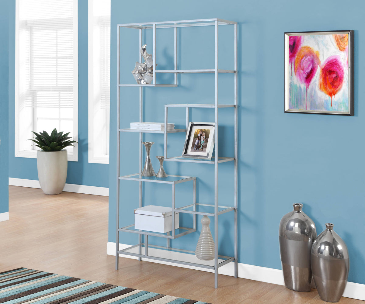 72x22H Silver Metal Bookcase with Tempered Glass Q9656