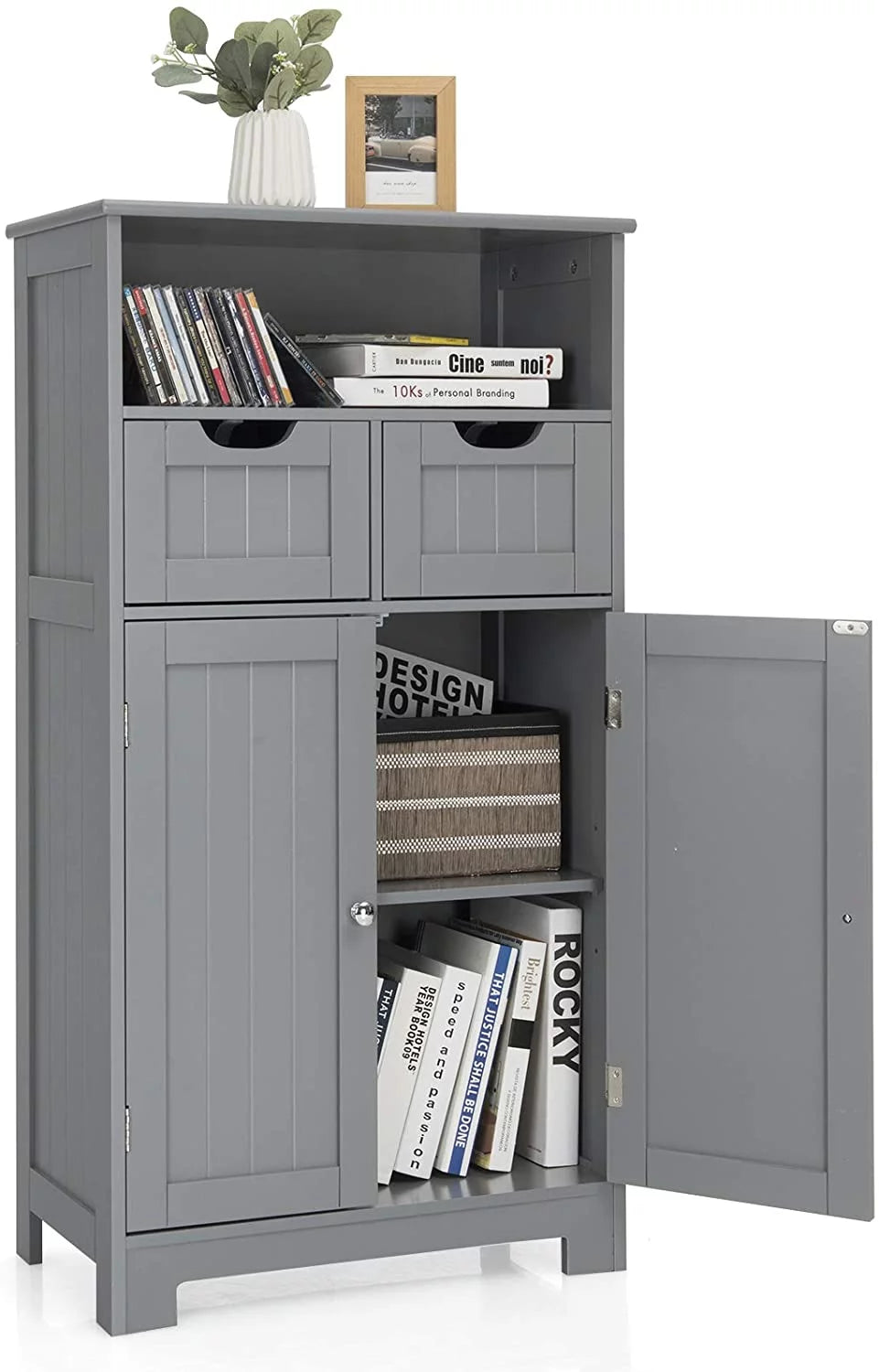 Grey Bathroom Floor Storage Cabinet with Open Shelf Z69129