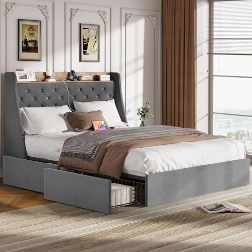 Queen Size Upholstered Platform Bed Frame with 4 Storage Drawers F3811