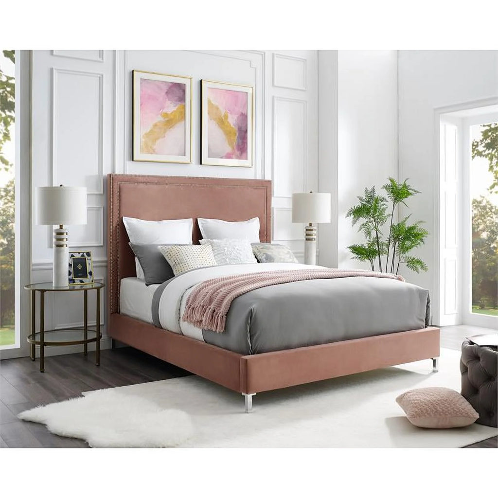 Blush Pink Velvet Queen Bed S702
