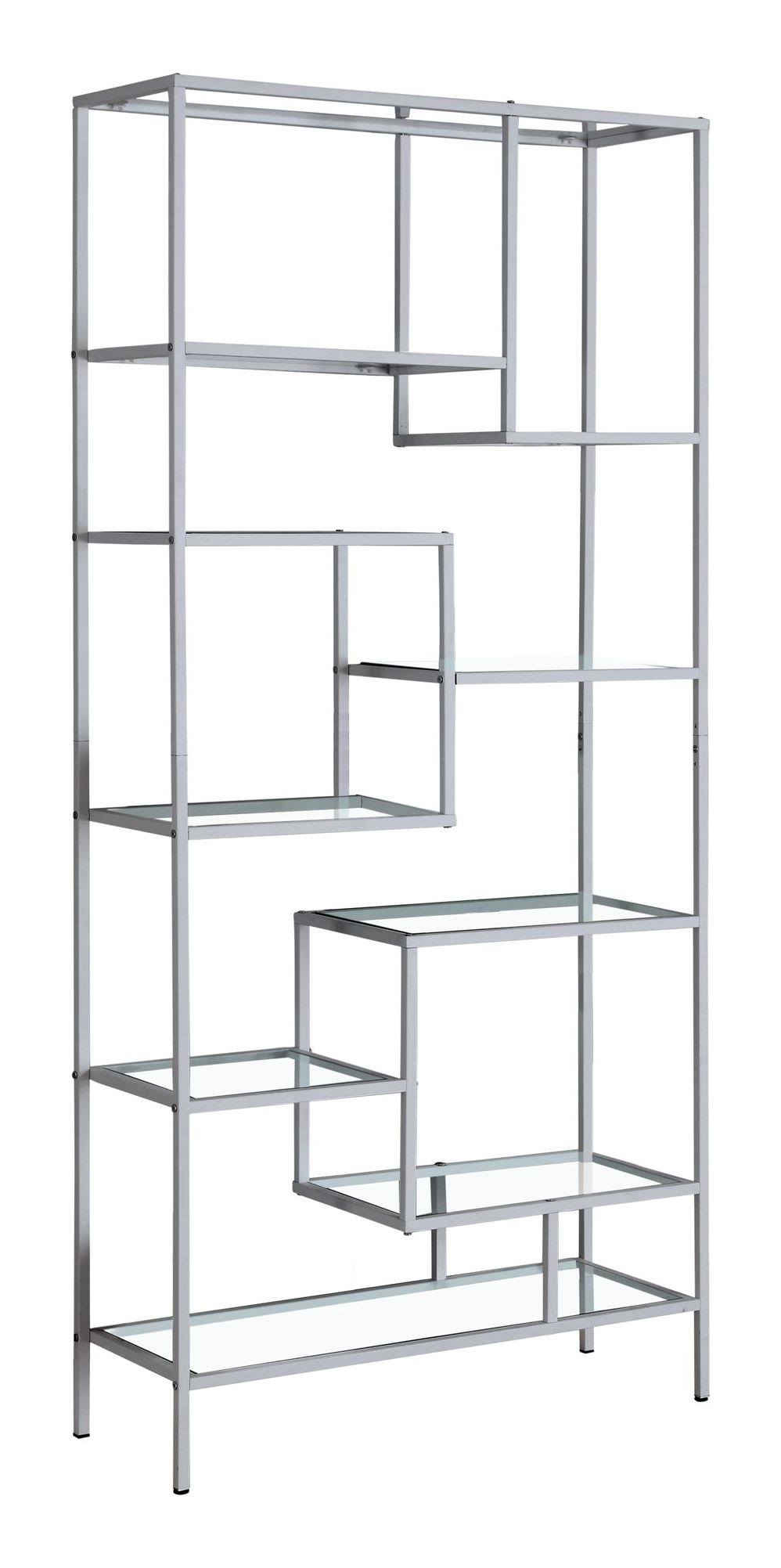 72x22H Silver Metal Bookcase with Tempered Glass Q9656