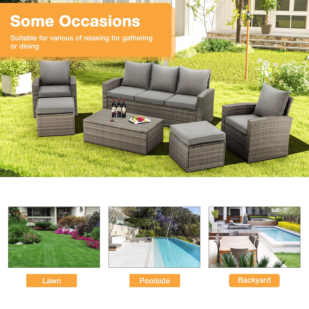 6 Pieces Wicker Rattan Sofa and Table V812712
