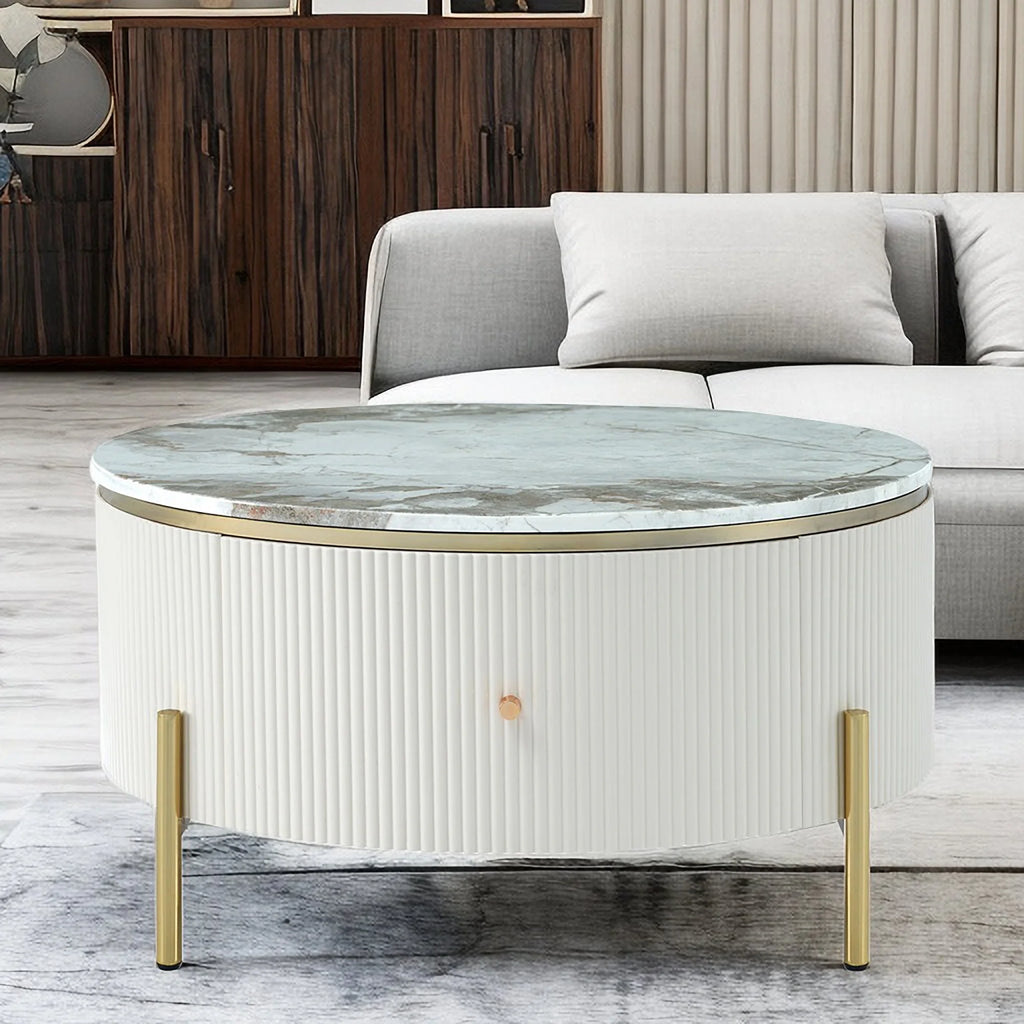 Modern Round Coffee Table with 2 Drawer, Sintered Stone Top, White Y16843