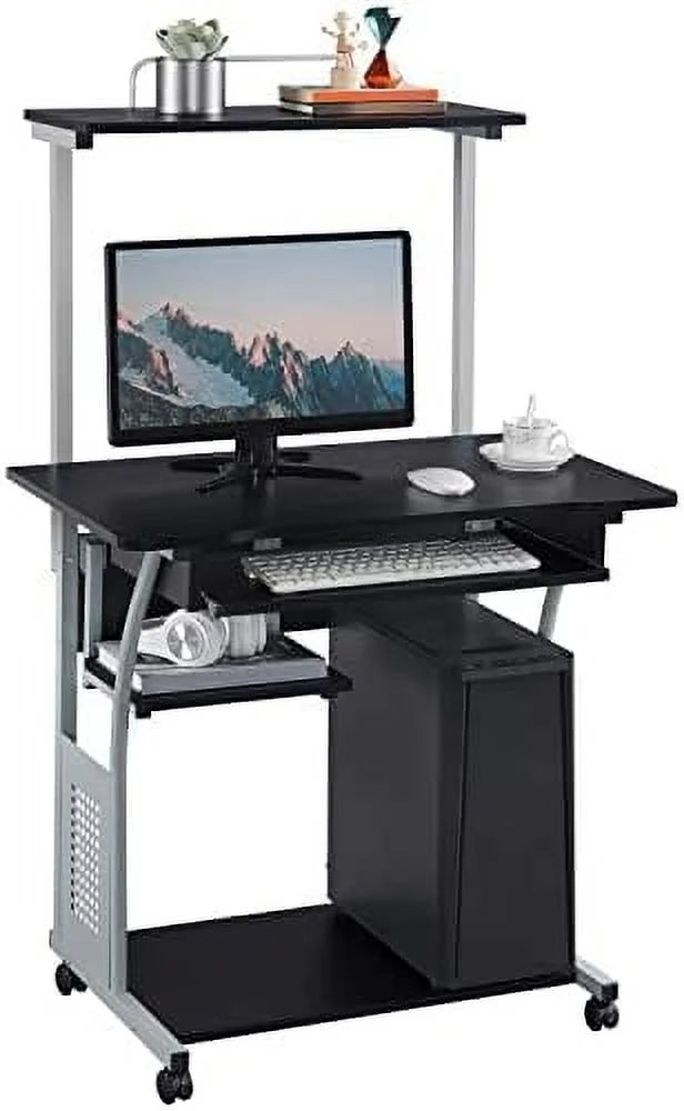 Black 3 Tier Computer Desk with Printer Shelf and Keyboard Tray E7822