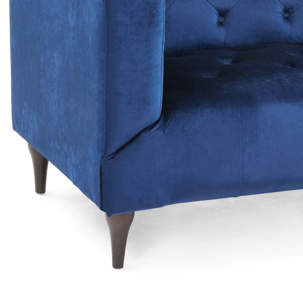 Midnight Blue Espresso Gold Tufted Fabric 3 Seater Sofa D2699