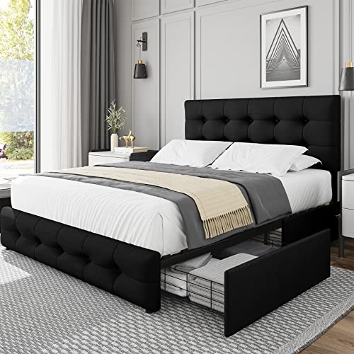 Black Queen Upholstered Platform Bed Frame with 4 Storage Drawers Z80694