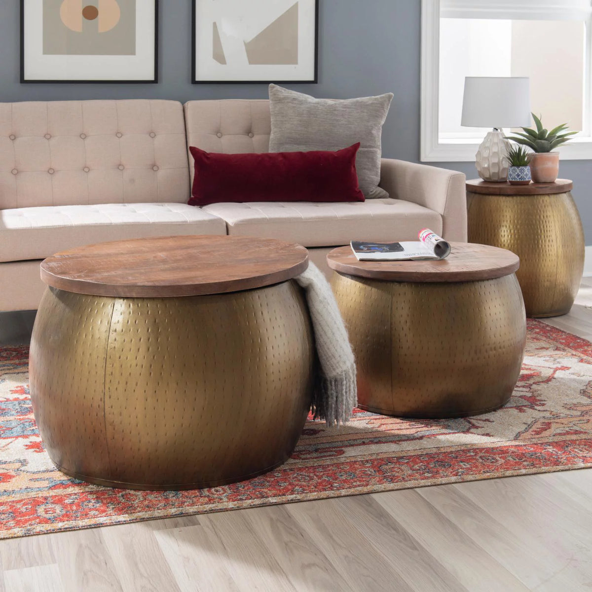 Gold Metal and Wood Storage Side Table U821615