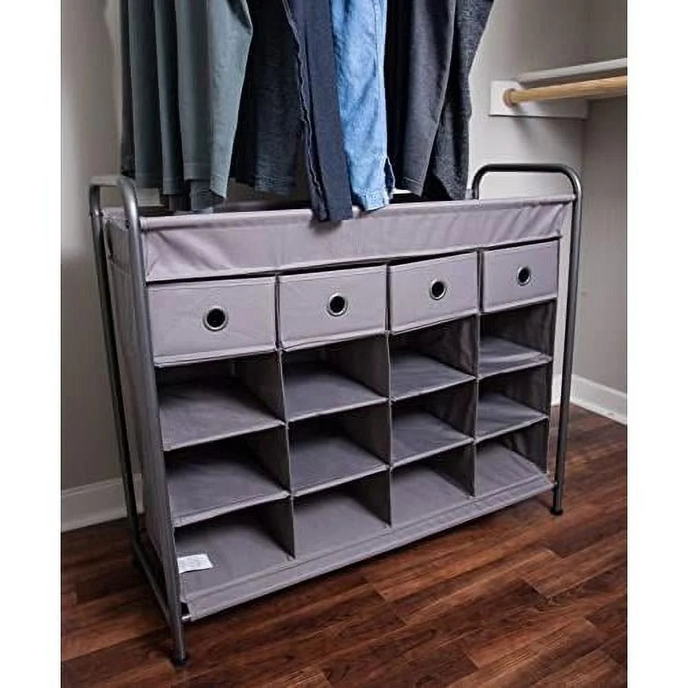 Grey 16 Cubby Shoe Rack Organizer with 4 Drawers S94850