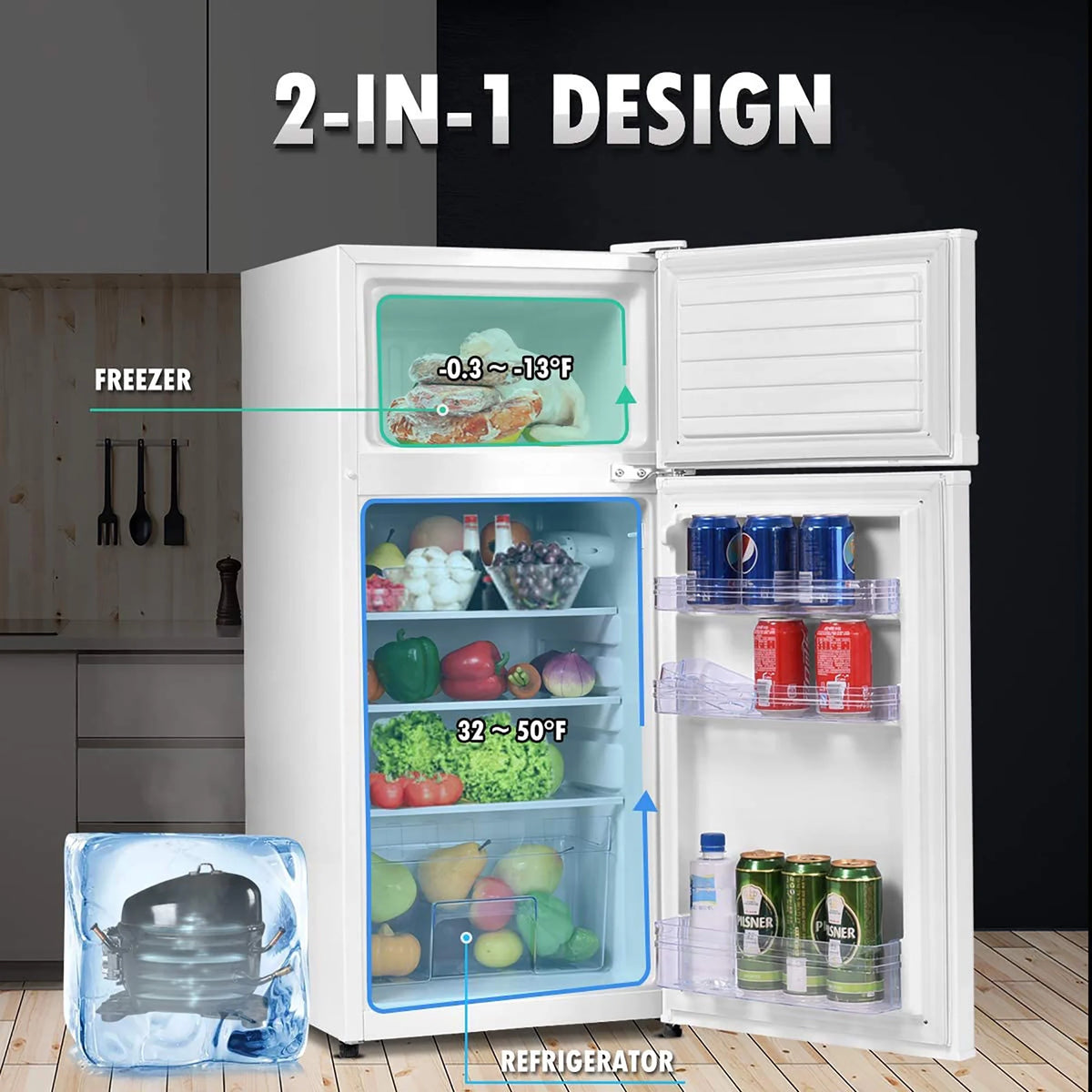 2 Doors 3.4 cu ft. Compact Mini Refrigerator Freezer Z4202
