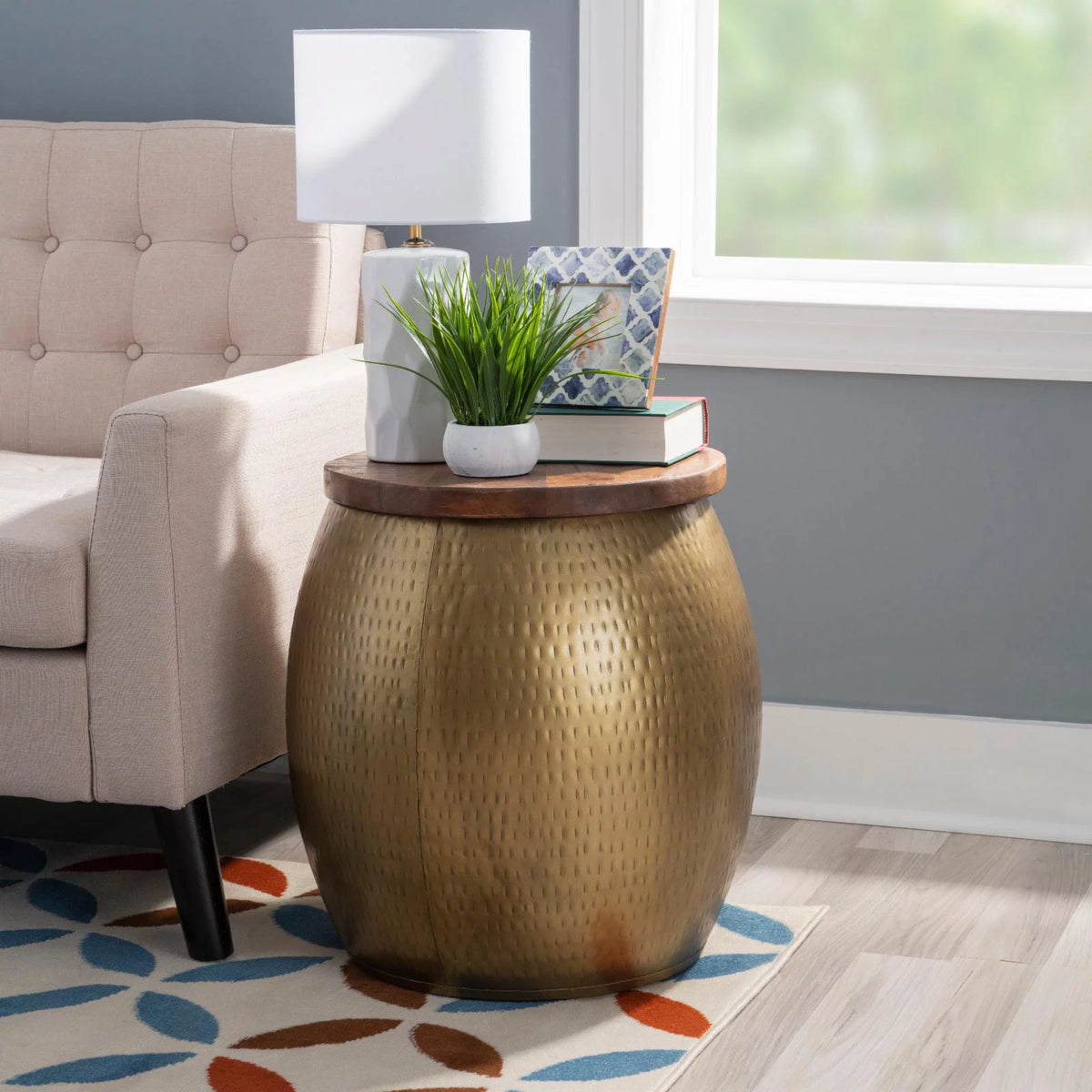 Gold Metal and Wood Storage Side Table U821615