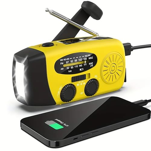 Portable Self-Powered AM/FM/NOAA Weather Radio with Solar & Hand-Crank Charging, LED Flashlight, USB Rechargeable, 2000mAh Power Bank B26922