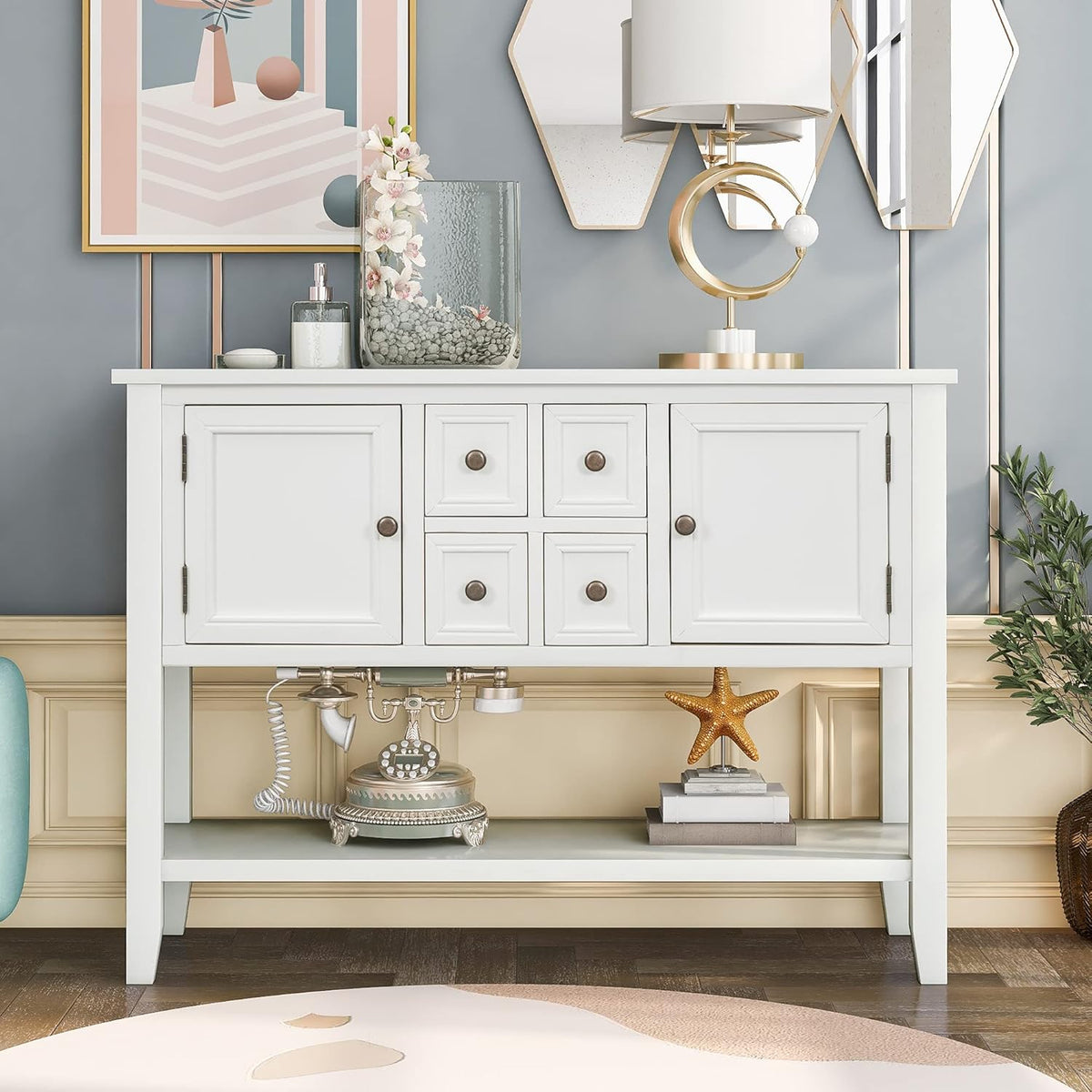 Solid Wood Console Table with 3 Drawers, 2 Cabinet and 1 Shelf I485036