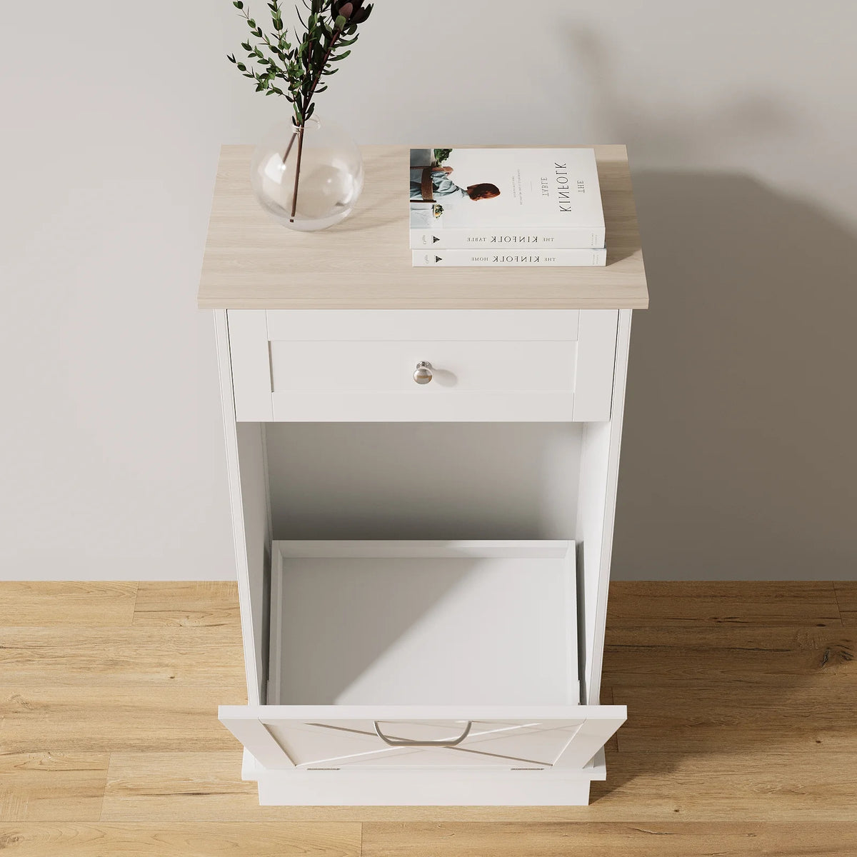 White Tilt Out Trash Can Cabinet R572817