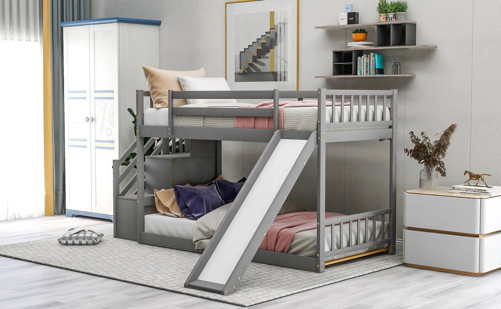 Gray Twin Over Twin Wooden Bunk Bed with Slide and Stairs H8807