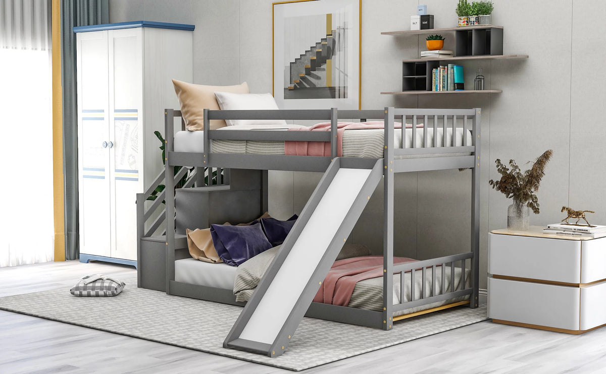 Gray Twin Over Twin Wooden Bunk Bed with Slide and Stairs H8807