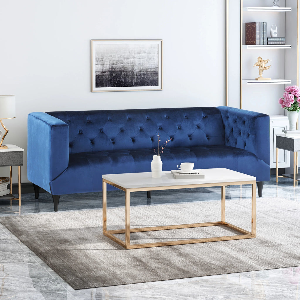 Midnight Blue Espresso Gold Tufted Fabric 3 Seater Sofa D2699