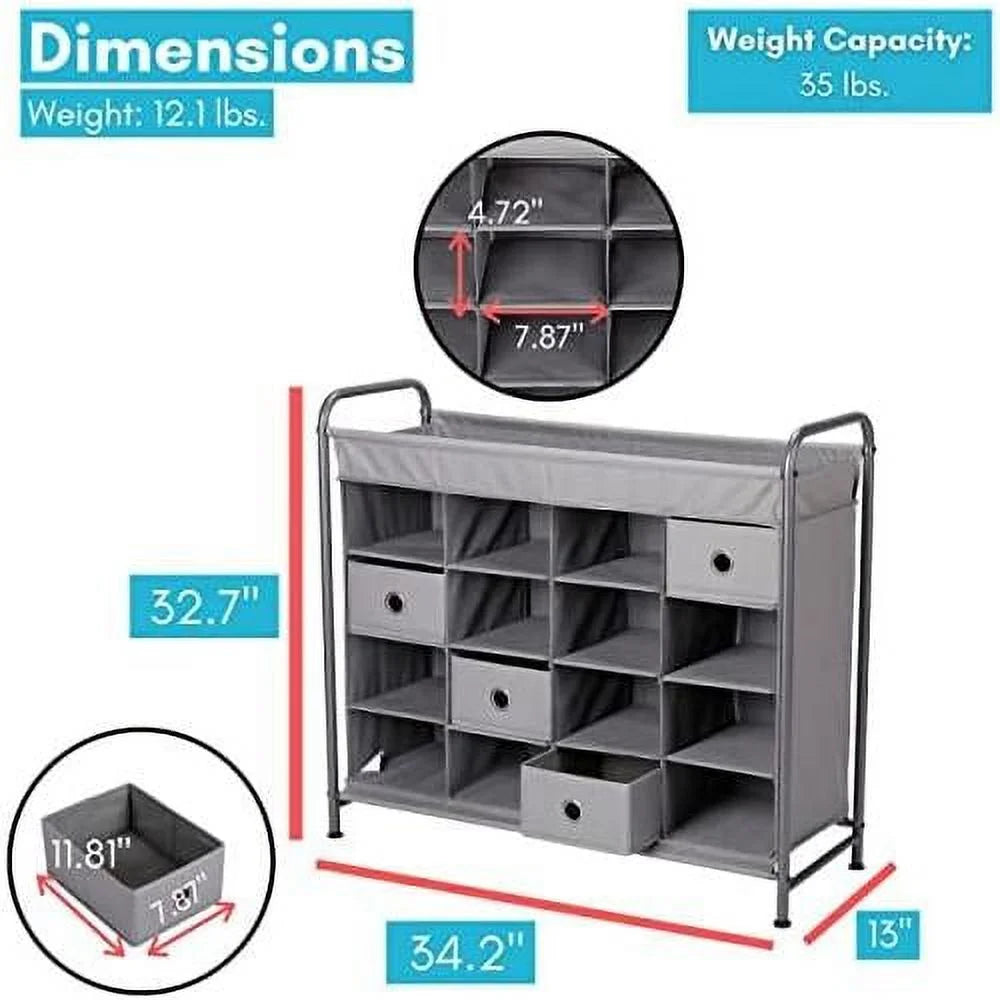 Grey 16 Cubby Shoe Rack Organizer with 4 Drawers S94850
